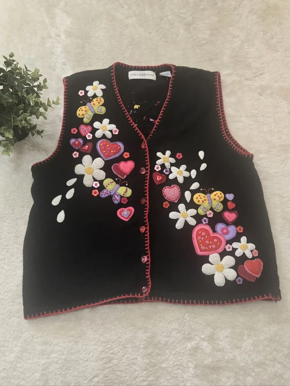 Marisa Christina Black Knit Floral Butterfly Hearts Cottagecore Artsy Vest, M
